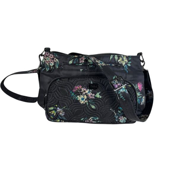 lug Handbags - LUG Samba Crossbody Purse Adjustable Strap Black Floral Print Quilt Convertible